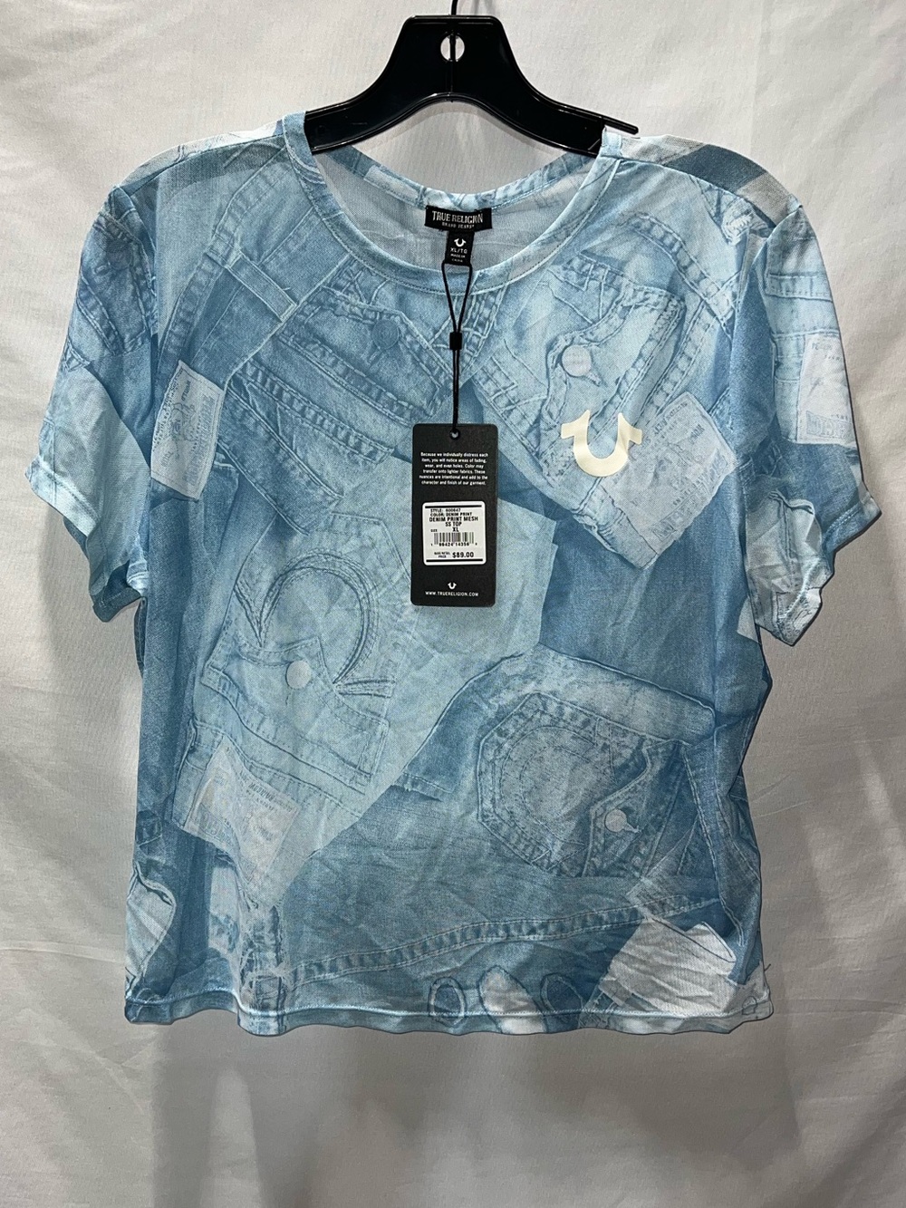 True Religion Light Blue Mesh Sheer All-Over Graphic Short Sleeve Tee